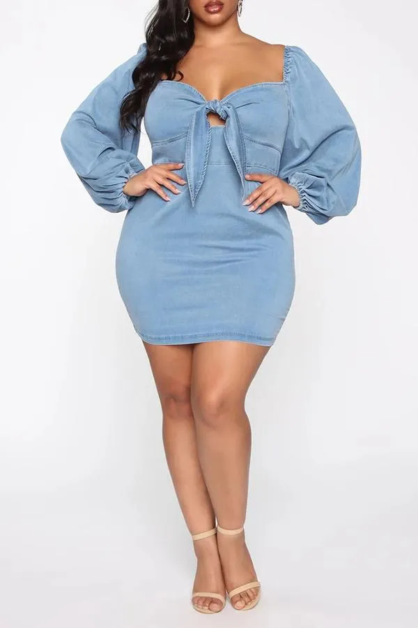 Playful Knotted Plus Size Denim Puff Sleeve Mini Dress