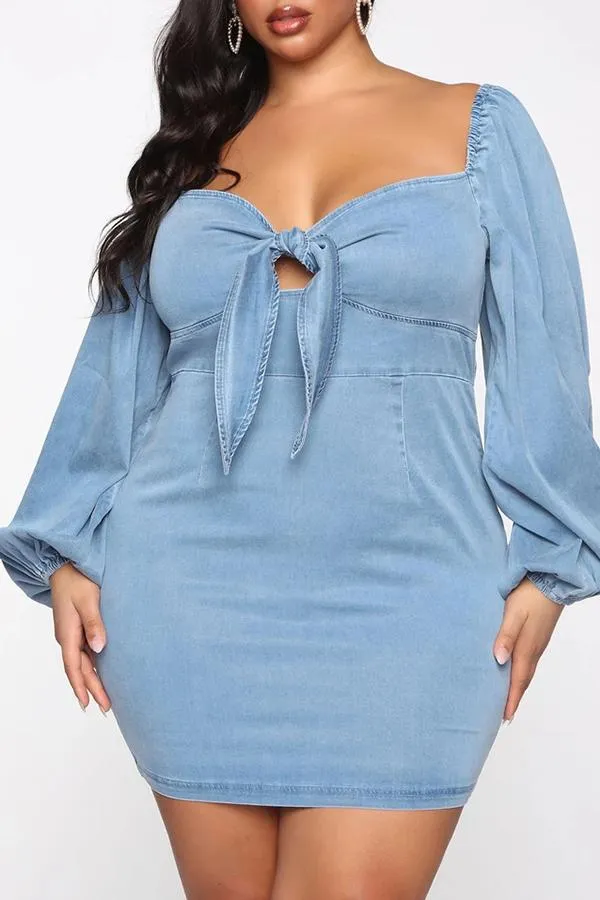 Playful Knotted Plus Size Denim Puff Sleeve Mini Dress