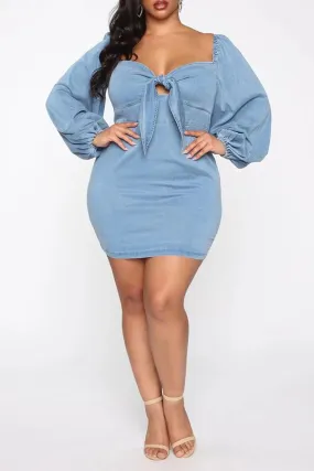 Playful Knotted Plus Size Denim Puff Sleeve Mini Dress