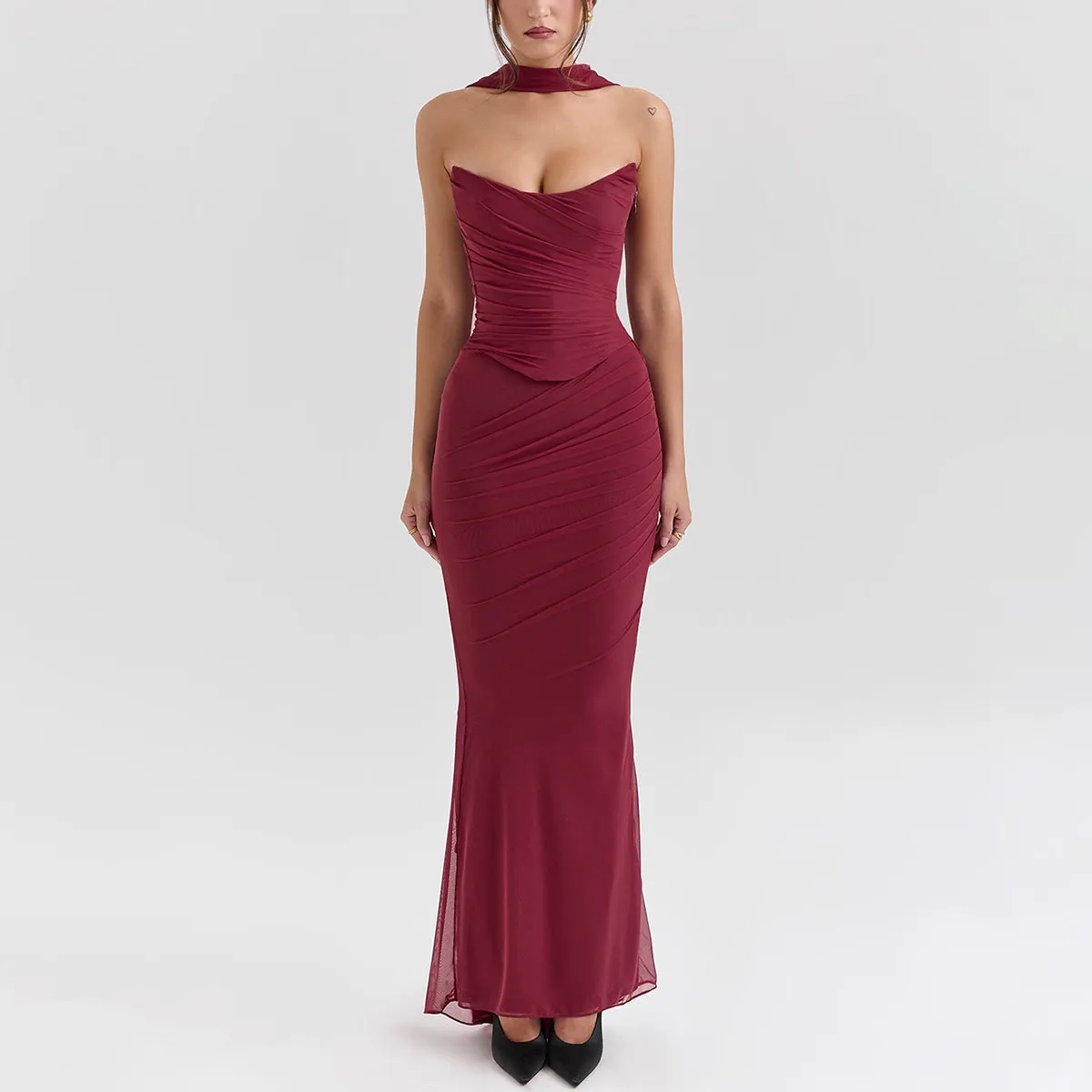 Purple  Strapless Bodice and High Waist Skirt with Tie Set