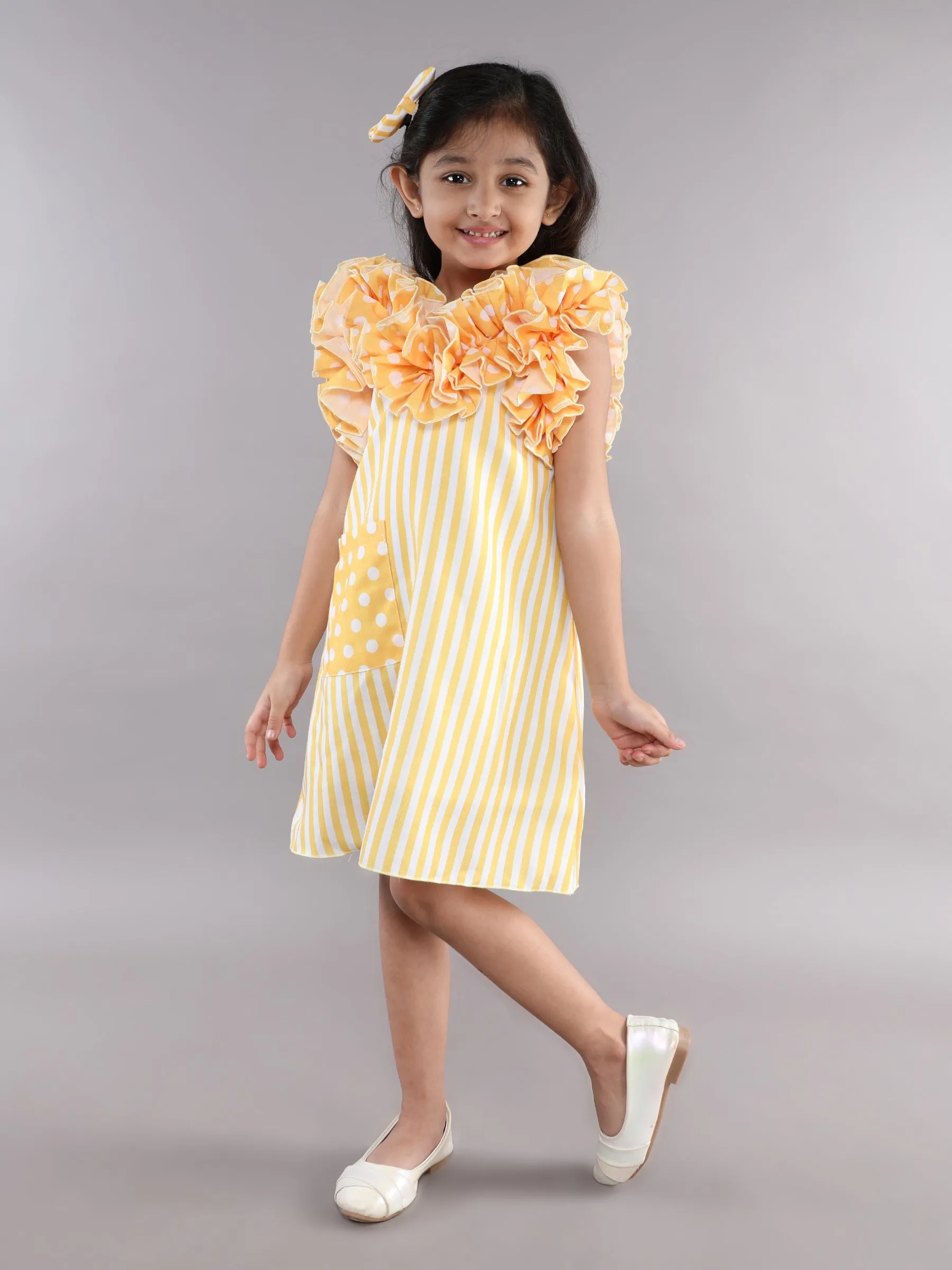 Ruffle Neck A Line  Cotton Dress -Yellow
