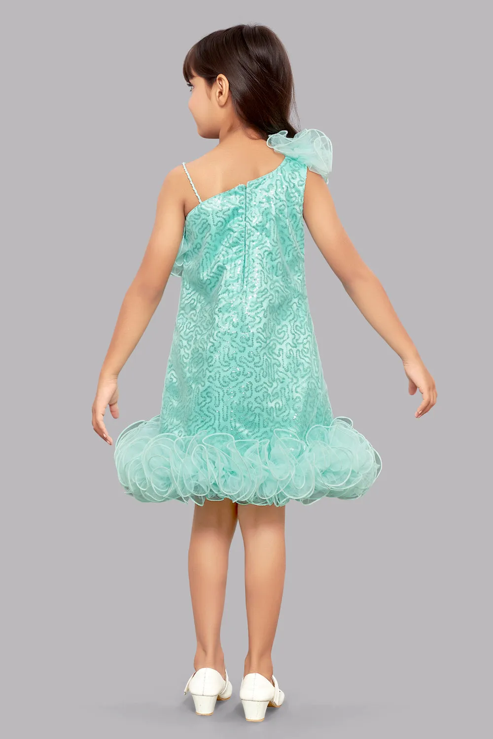 Sequined Aline Ruffled Dress -Aqua