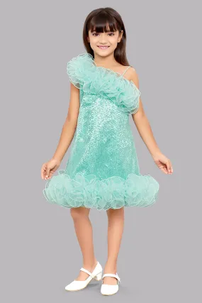 Sequined Aline Ruffled Dress -Aqua