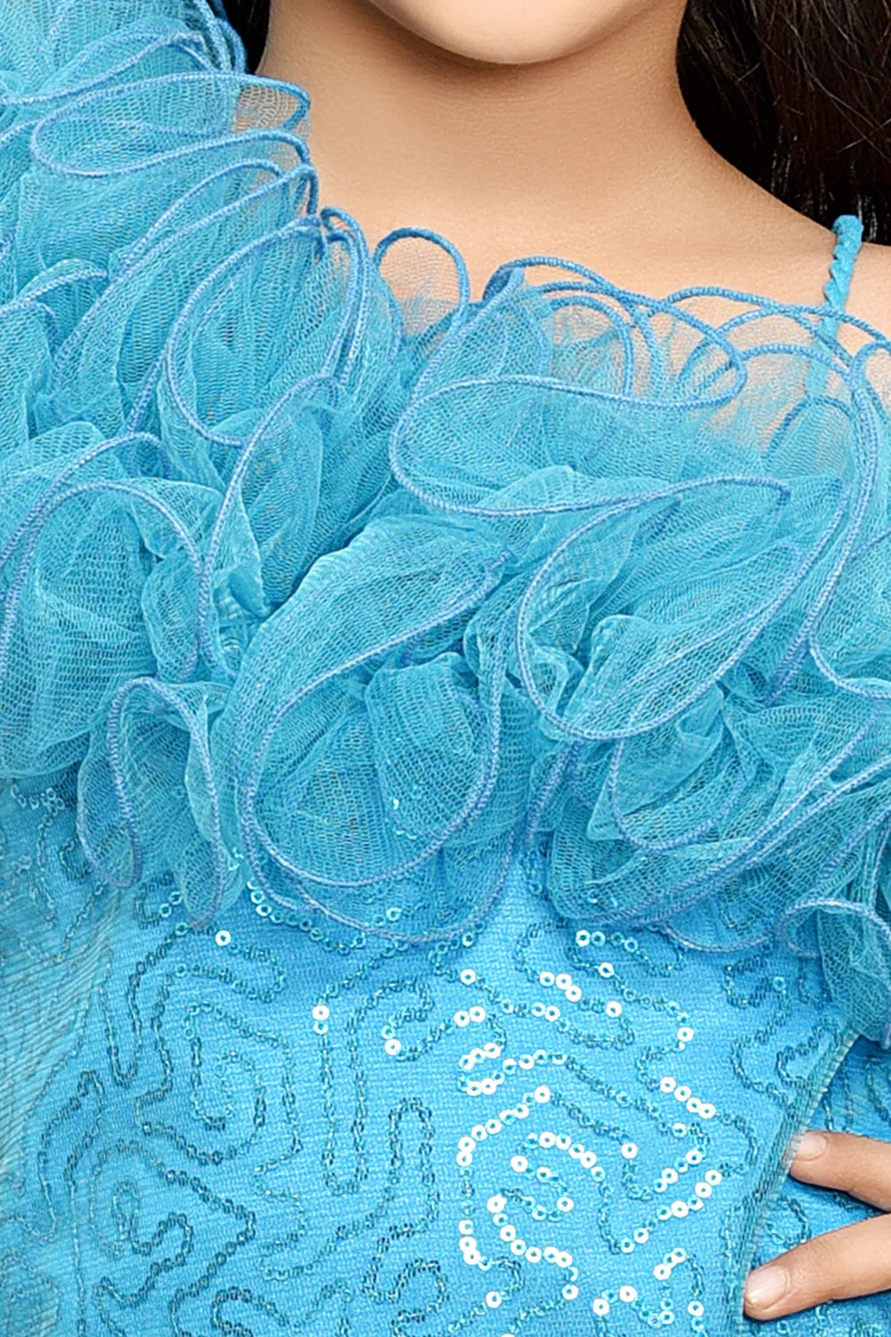 Sequined Aline Ruffled Dress -Blue