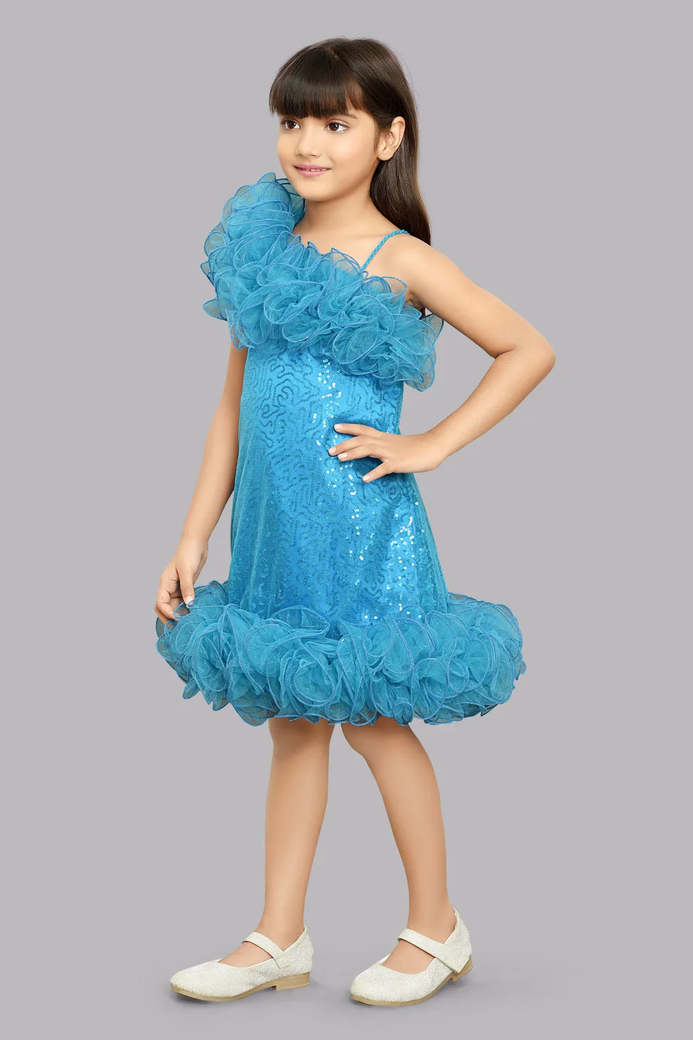 Sequined Aline Ruffled Dress -Blue