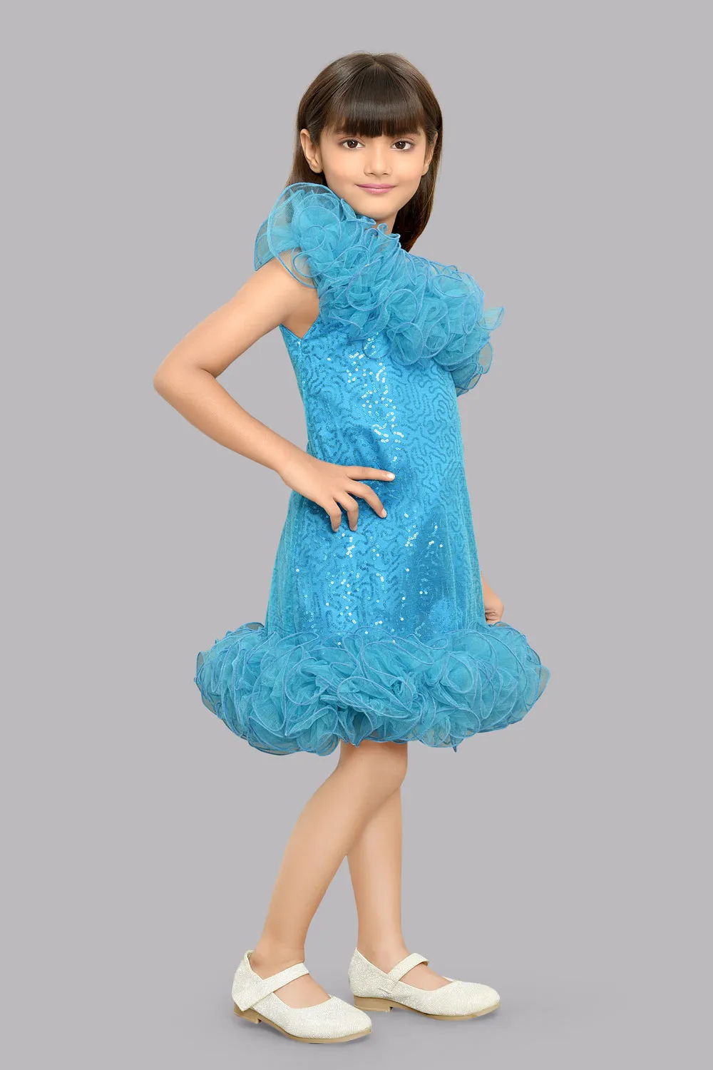 Sequined Aline Ruffled Dress -Blue