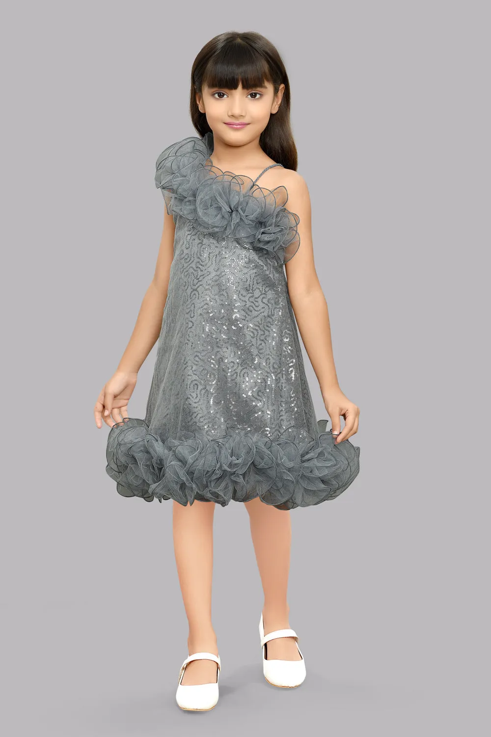 Sequined Aline Ruffled Dress -Grey