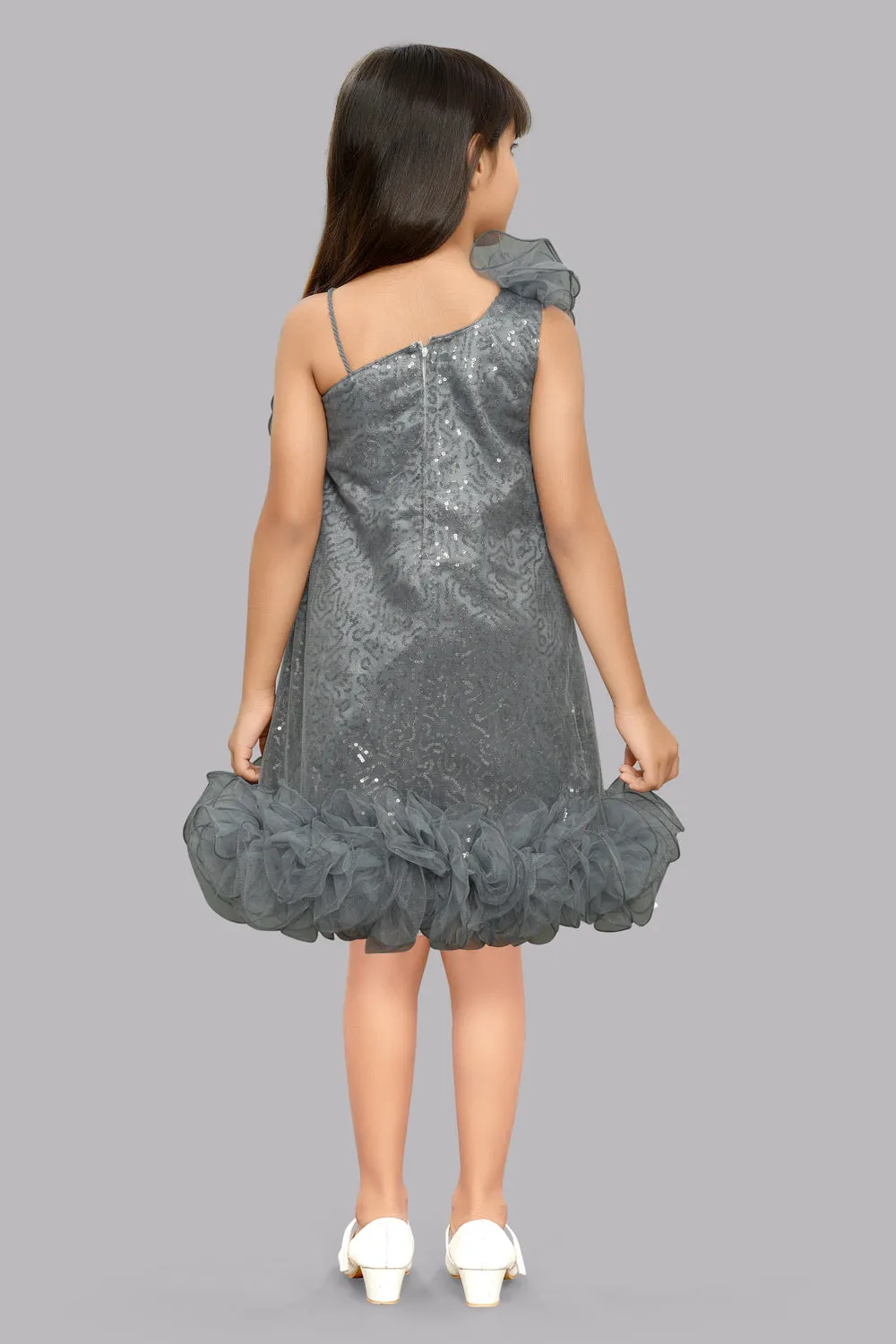 Sequined Aline Ruffled Dress -Grey