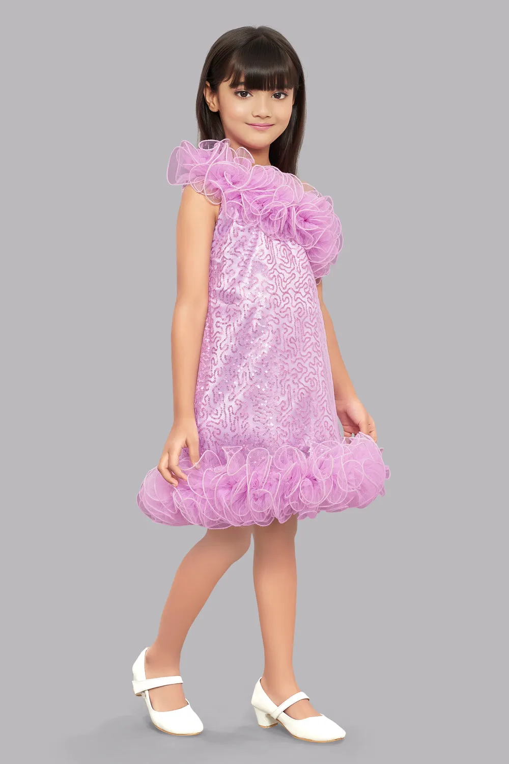 Sequined Aline Ruffled Dress - Lavender