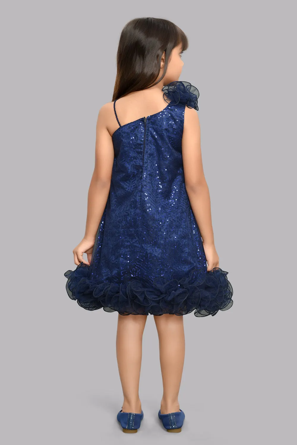 Sequined Aline Ruffled Dress -Navy Blue