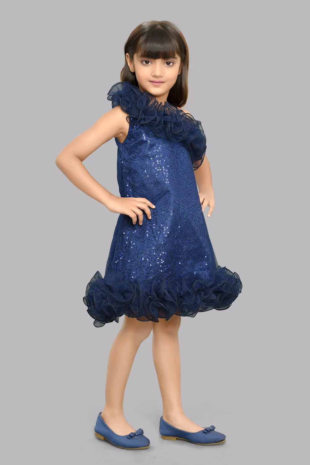Sequined Aline Ruffled Dress -Navy Blue