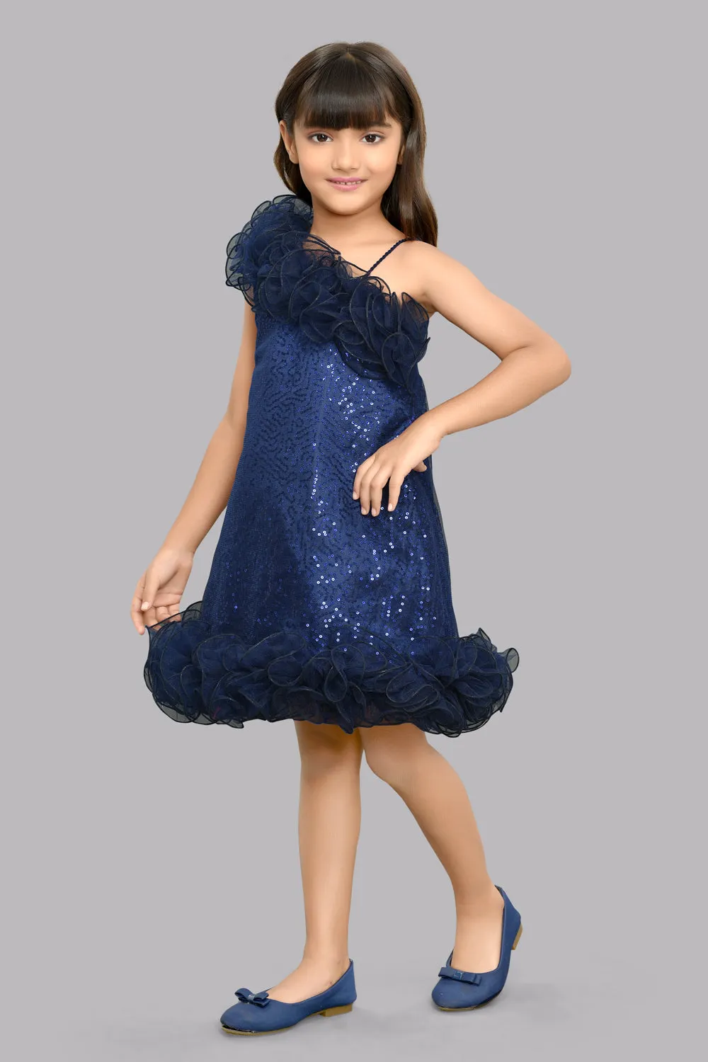 Sequined Aline Ruffled Dress -Navy Blue