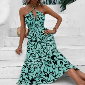 Sexy Cross Neck Zip Chic Stripe High Waist A-line Midi Dress