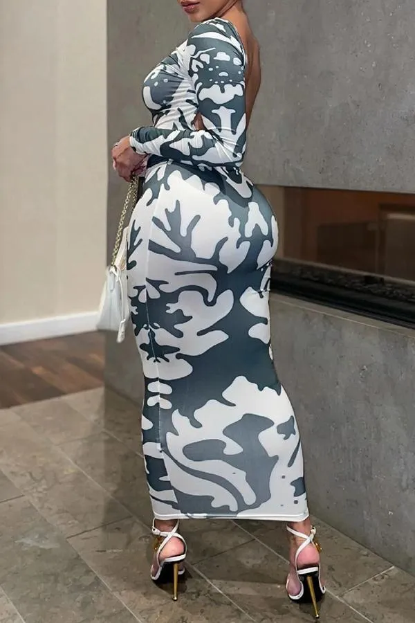 Sexy Long Sleeved Printed Slim Backless Stretch Maxi Dress