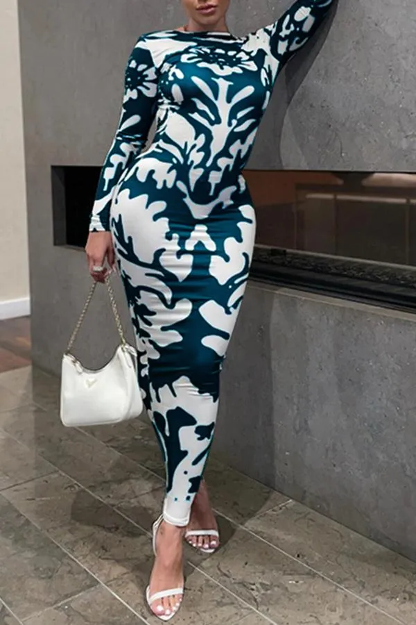 Sexy Long Sleeved Printed Slim Backless Stretch Maxi Dress