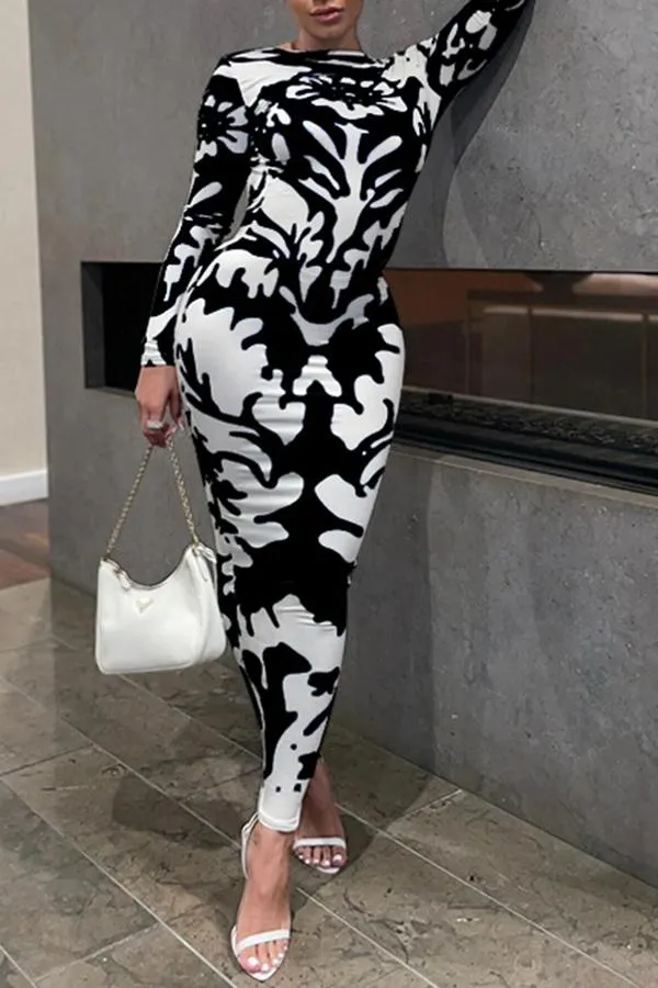 Sexy Long Sleeved Printed Slim Backless Stretch Maxi Dress