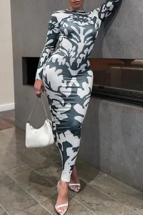 Sexy Long Sleeved Printed Slim Backless Stretch Maxi Dress