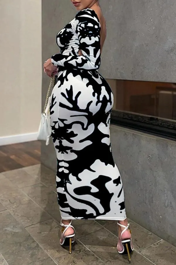 Sexy Long Sleeved Printed Slim Backless Stretch Maxi Dress