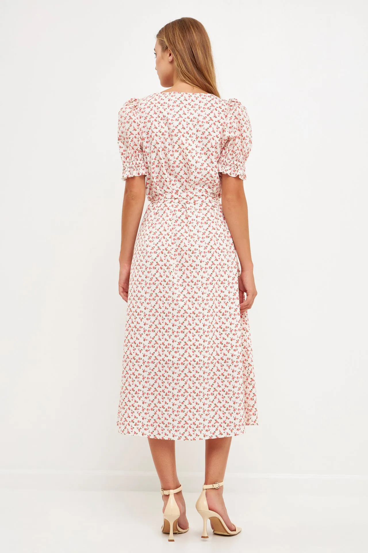 Short Puff Sleeve Floral Midi Dress