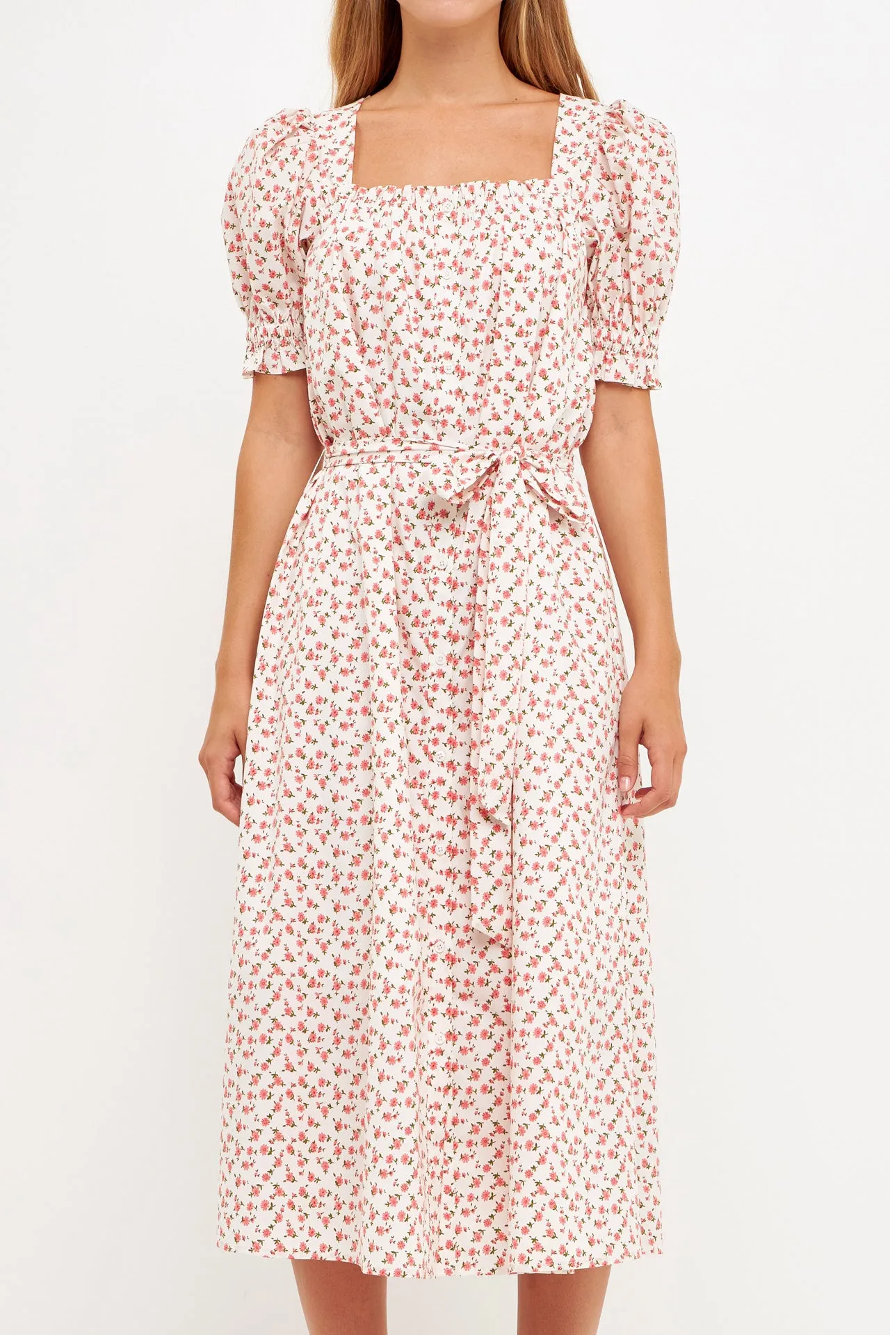 Short Puff Sleeve Floral Midi Dress