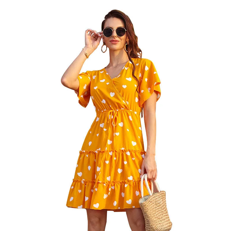 Small Fresh V-Neck Chiffon Daisy Floral Midi Dress Wholesale Dresses