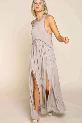 Stone Washed Sleeveless Side Slit Cut Out Maxi Dress