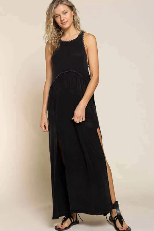 Stone Washed Sleeveless Side Slit Cut Out Maxi Dress