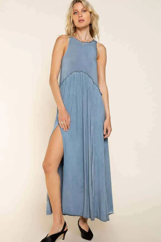 Stone Washed Sleeveless Side Slit Cut Out Maxi Dress