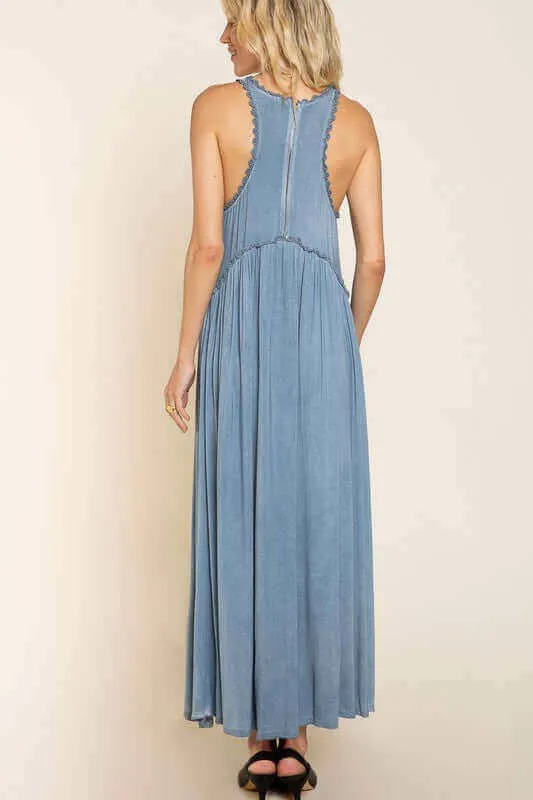 Stone Washed Sleeveless Side Slit Cut Out Maxi Dress