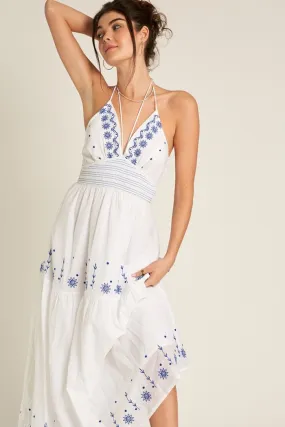 Strappy Halter Embroidered Midi Dress
