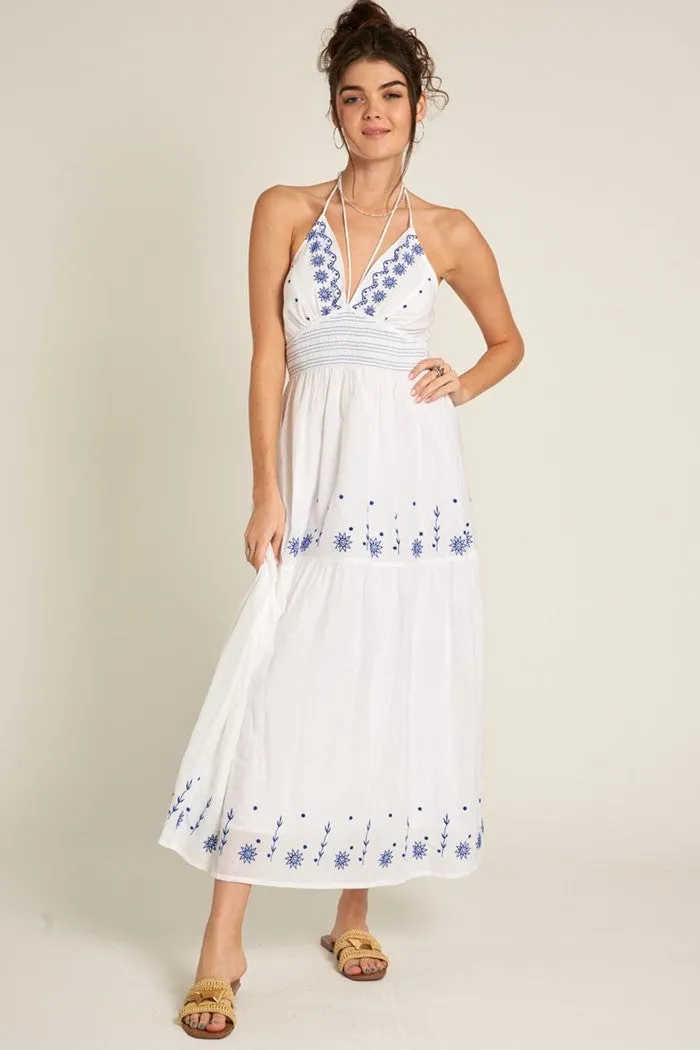 Strappy Halter Embroidered Midi Dress