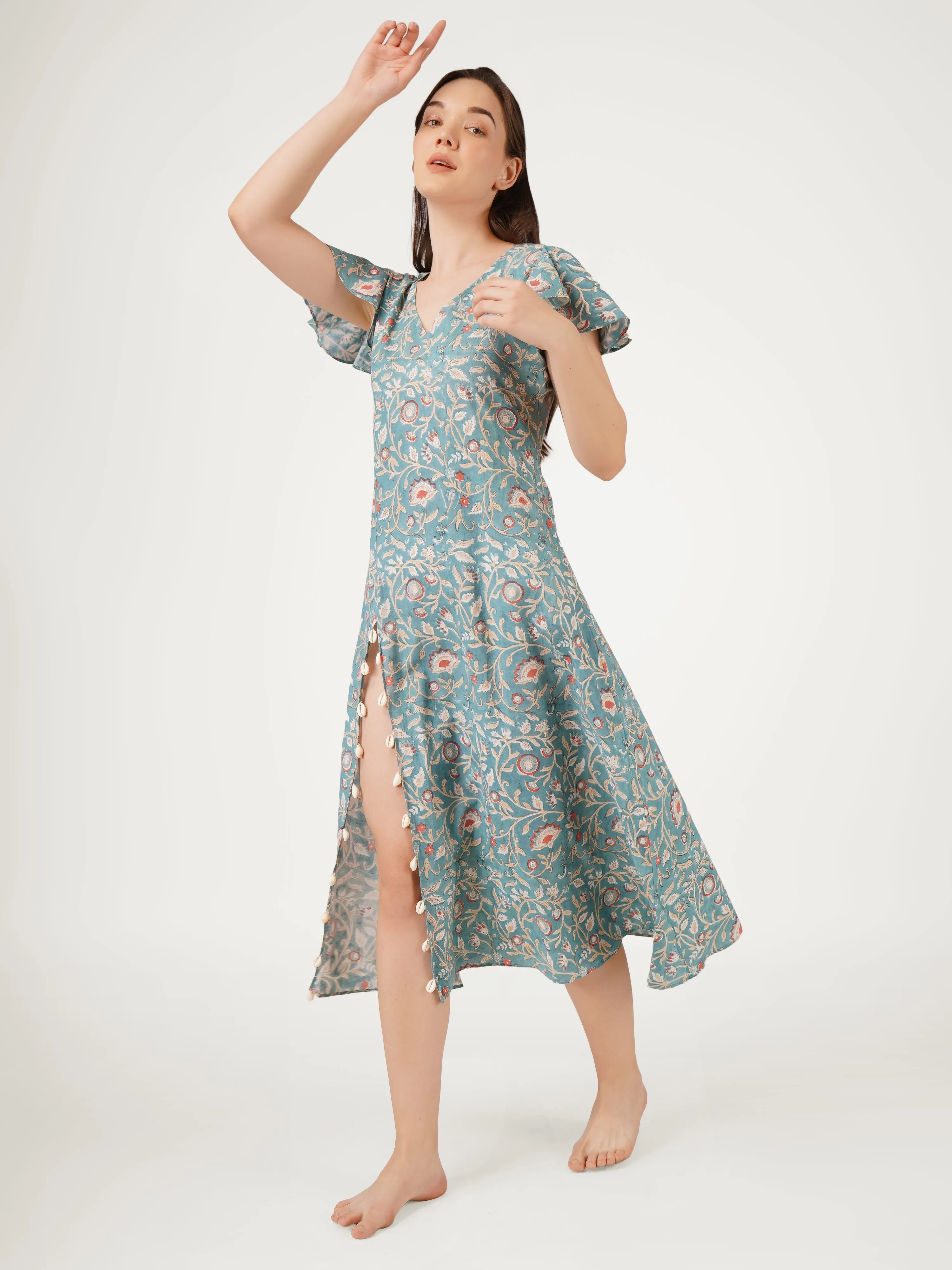 Teal Blue Cotton High Slit Dress