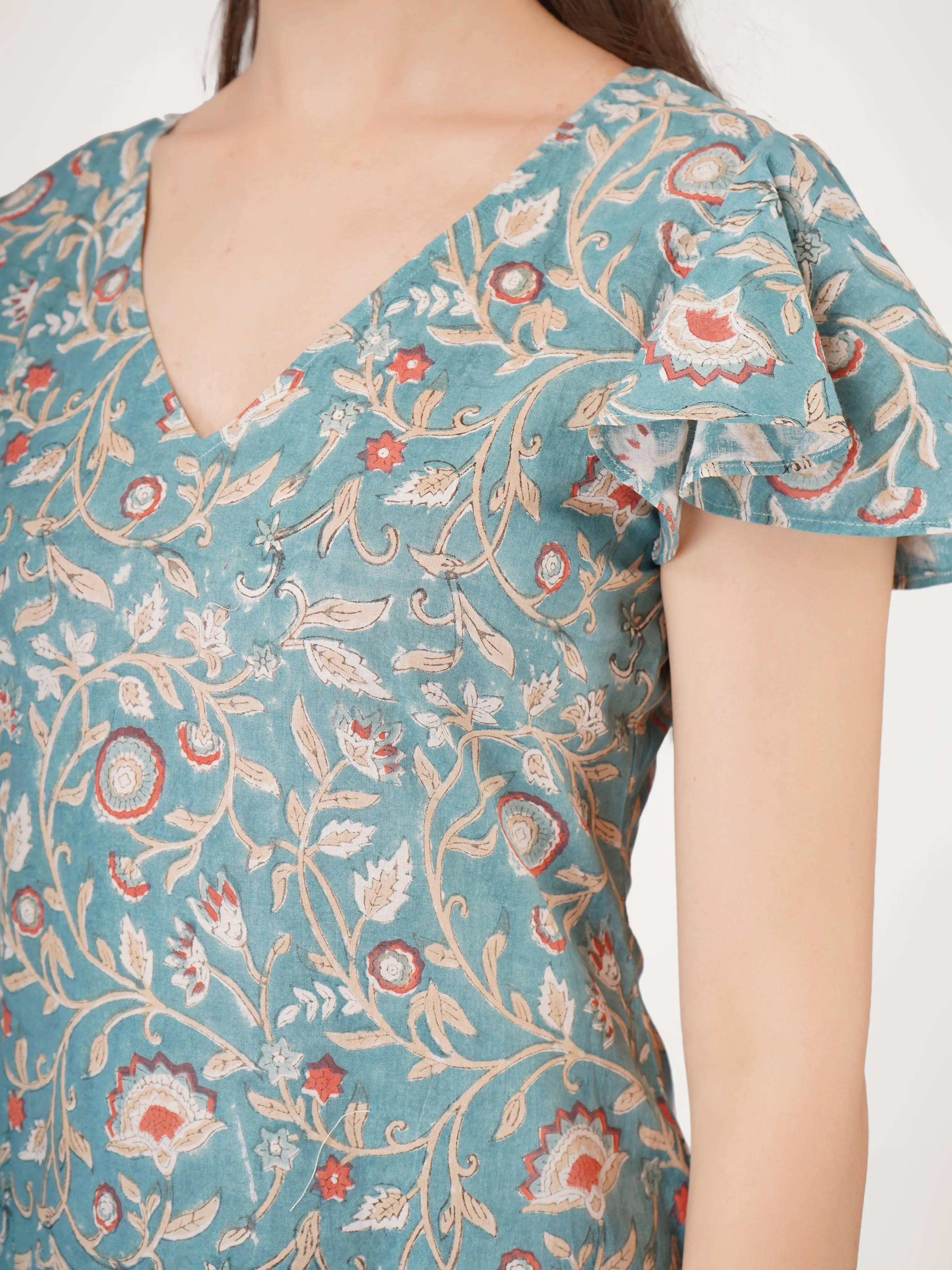Teal Blue Cotton High Slit Dress