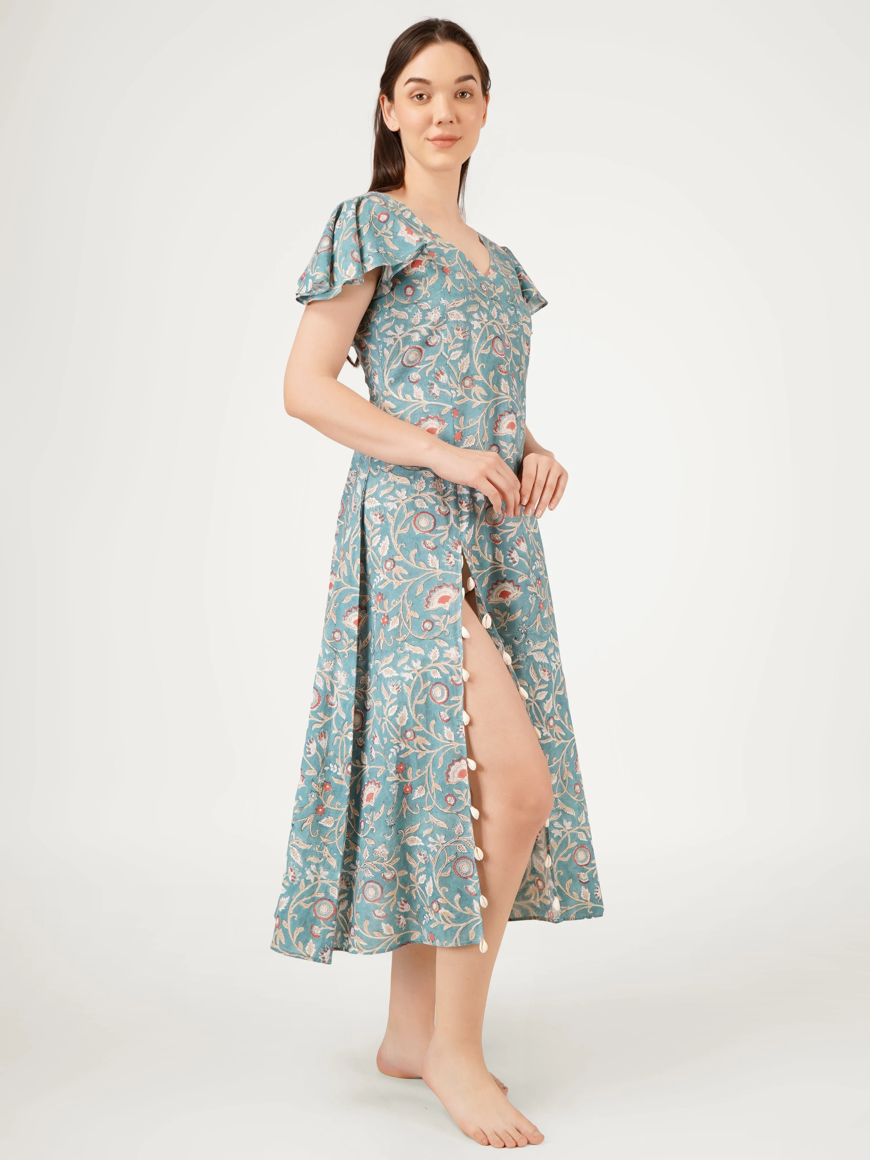Teal Blue Cotton High Slit Dress