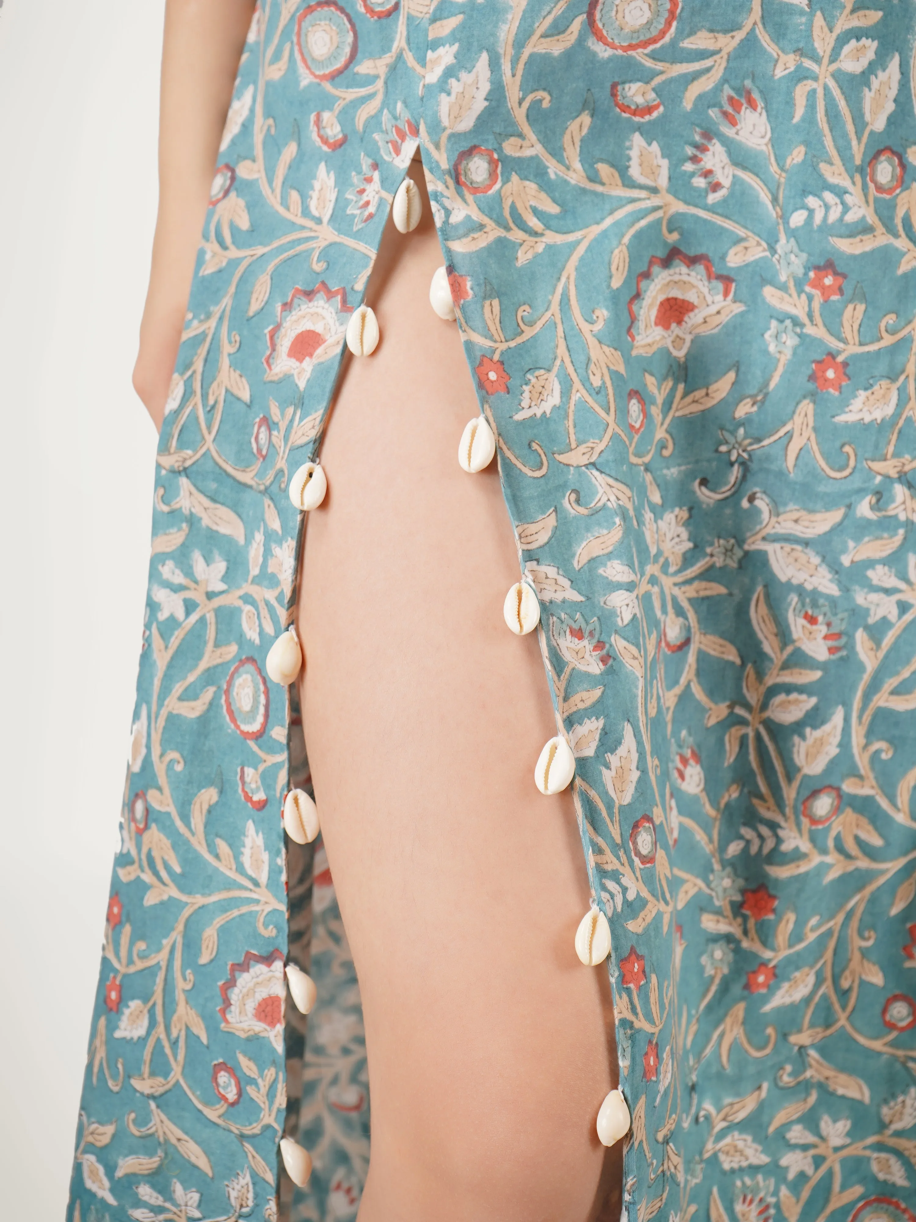 Teal Blue Cotton High Slit Dress