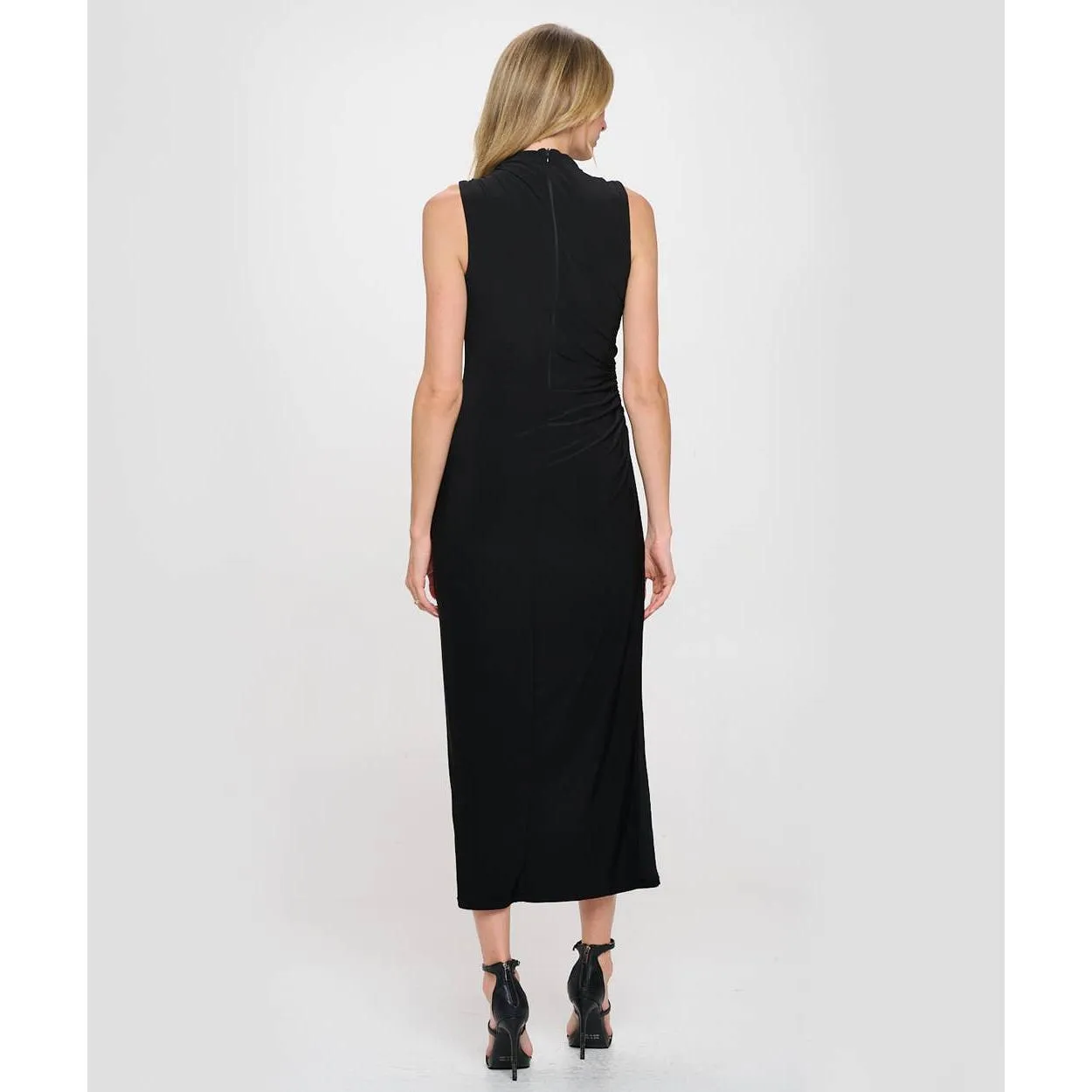 The Arden Black Sleeveless Side Gathered Midi Dress