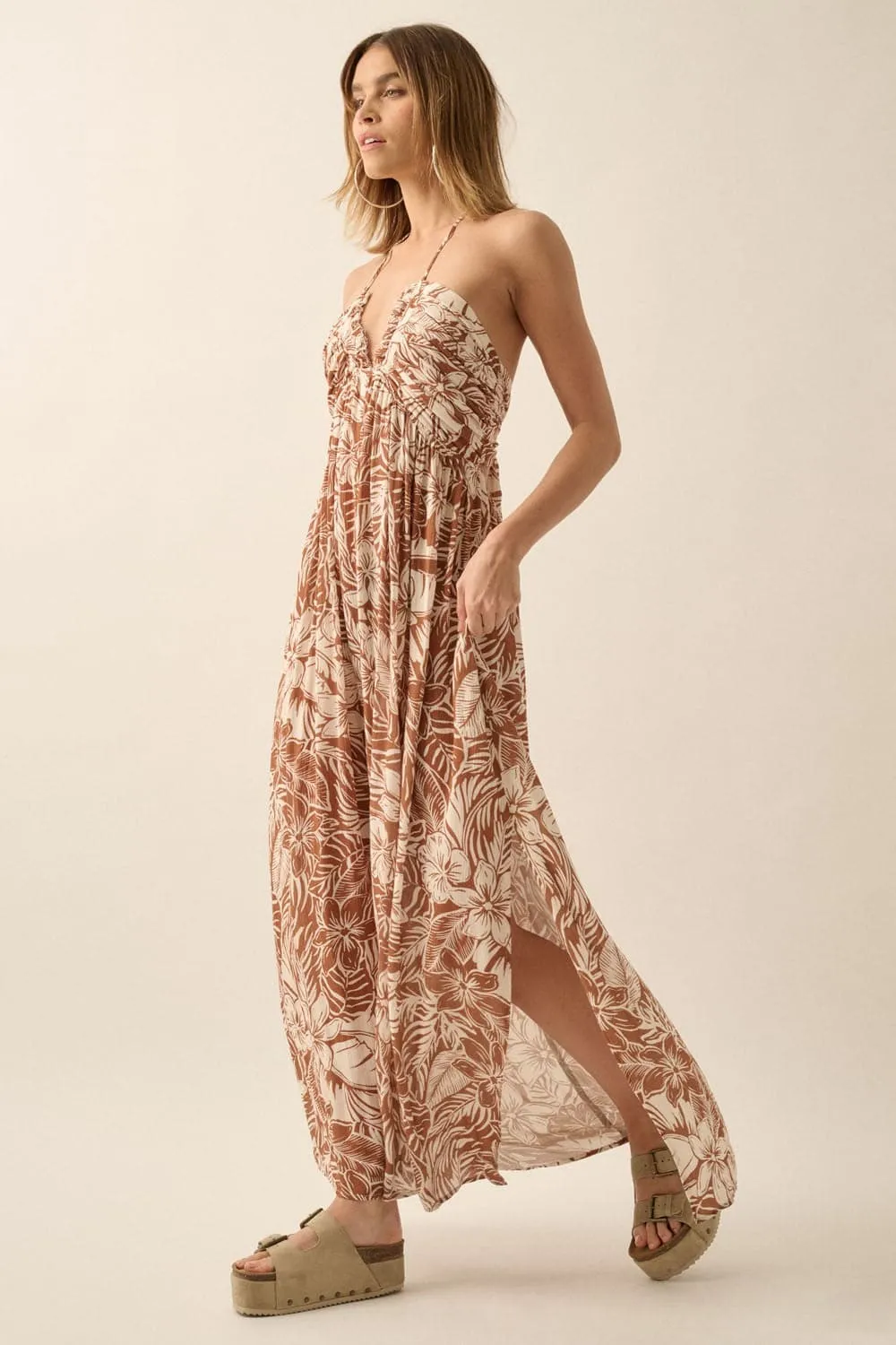 Tropical Paradise Floral Print Halter Neck Maxi Dress