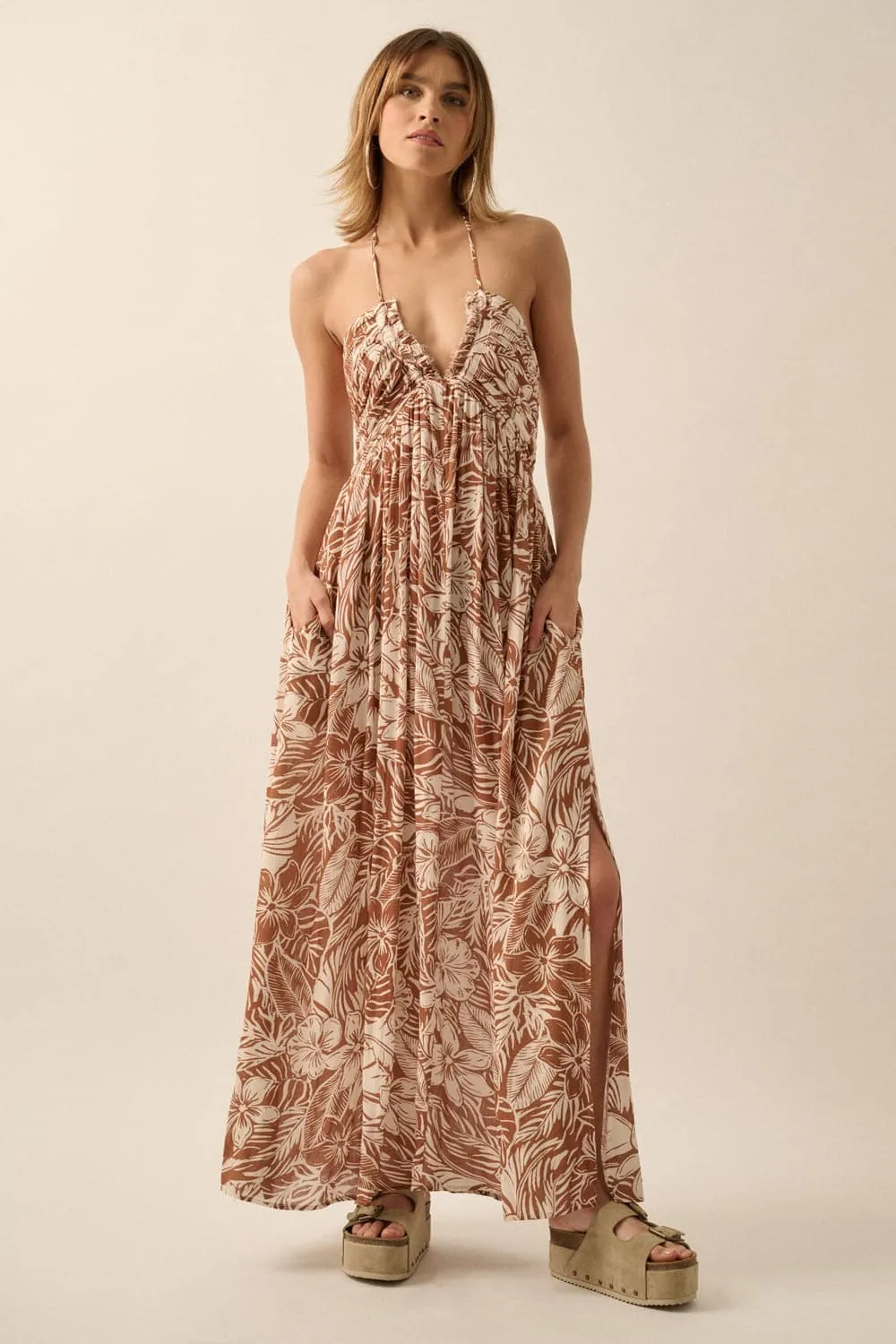 Tropical Paradise Floral Print Halter Neck Maxi Dress