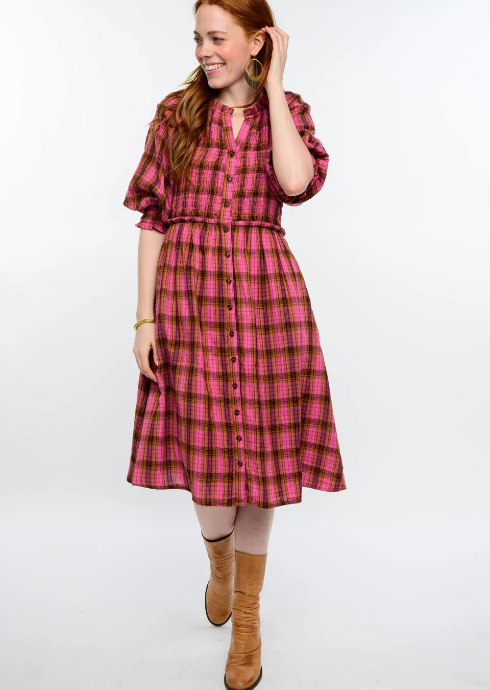 Uncle Frank Gauze Plaid Smocked Dress