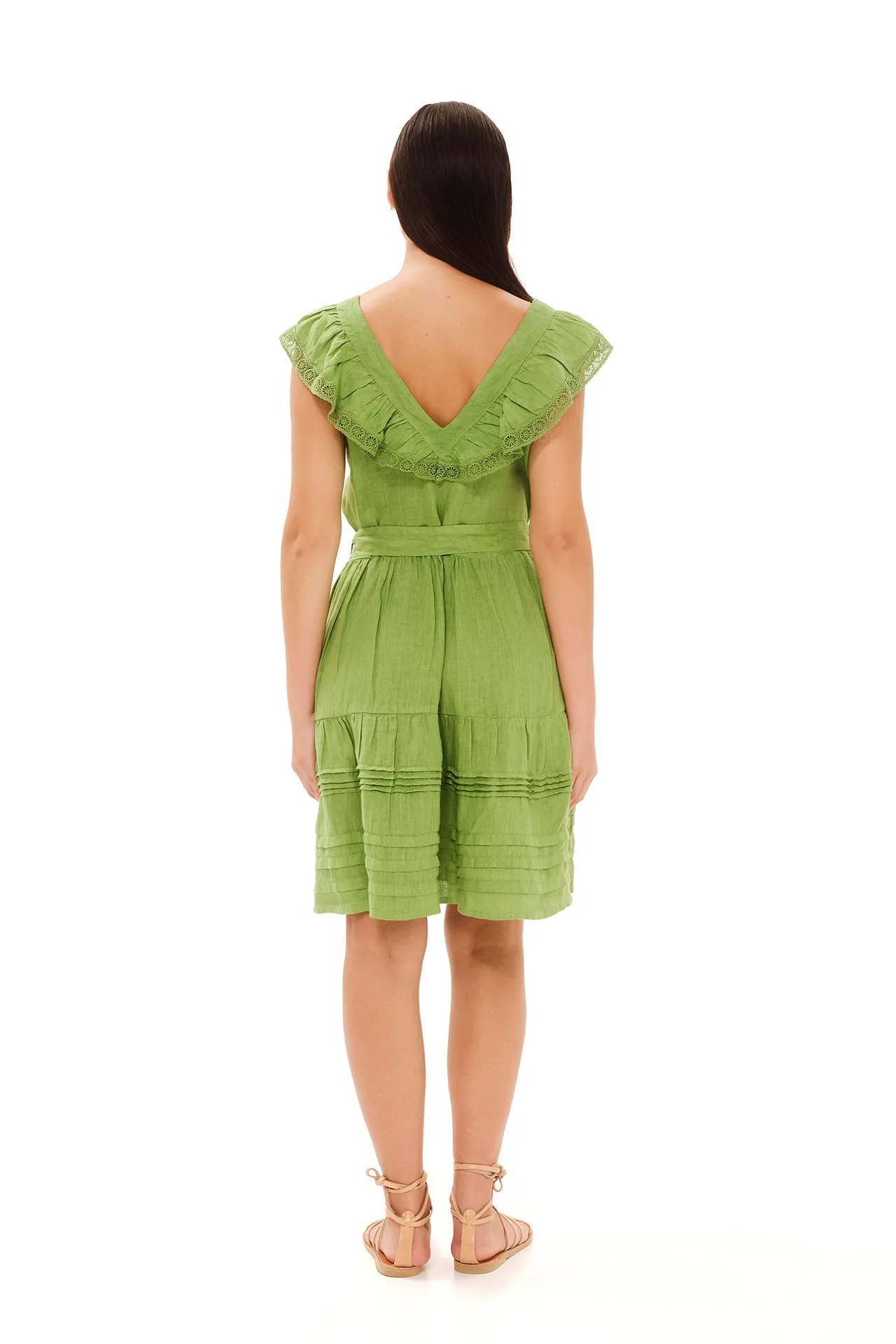 V-Neck Lace Insert Linen Dress Green