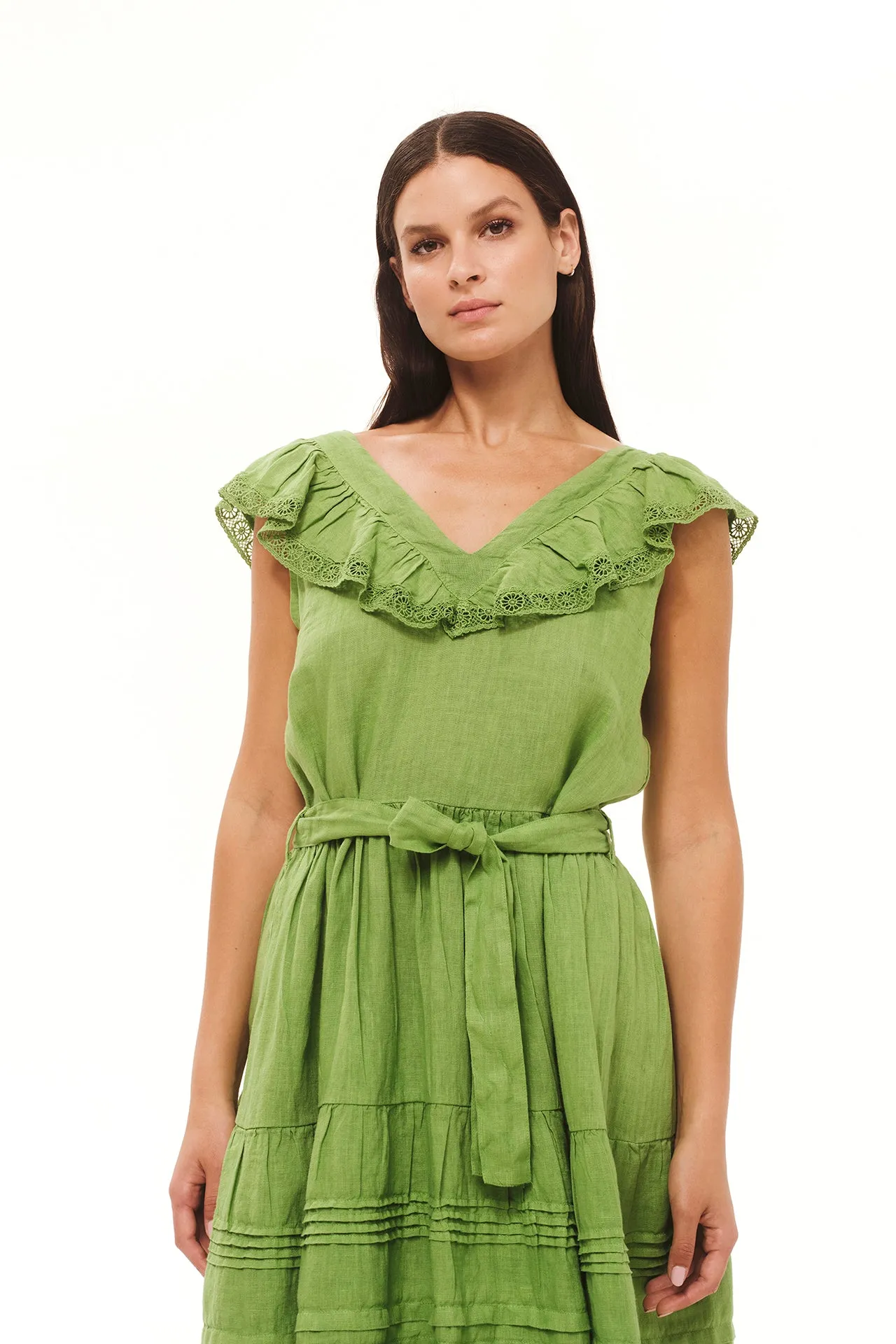 V-Neck Lace Insert Linen Dress Green