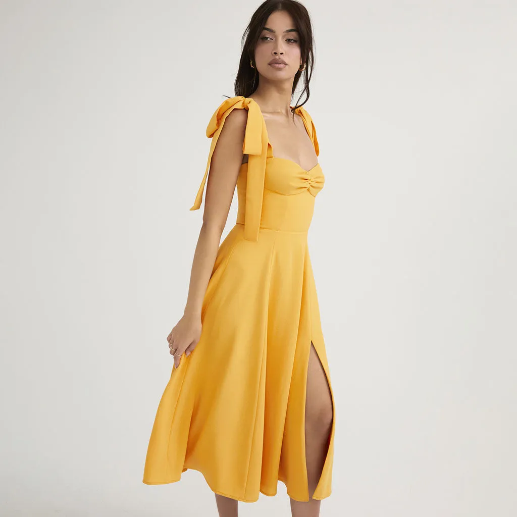 Vintage Bow Tie Fit & Flare High Slit Midi Sundress - Yellow