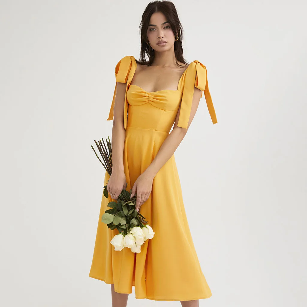 Vintage Bow Tie Fit & Flare High Slit Midi Sundress - Yellow