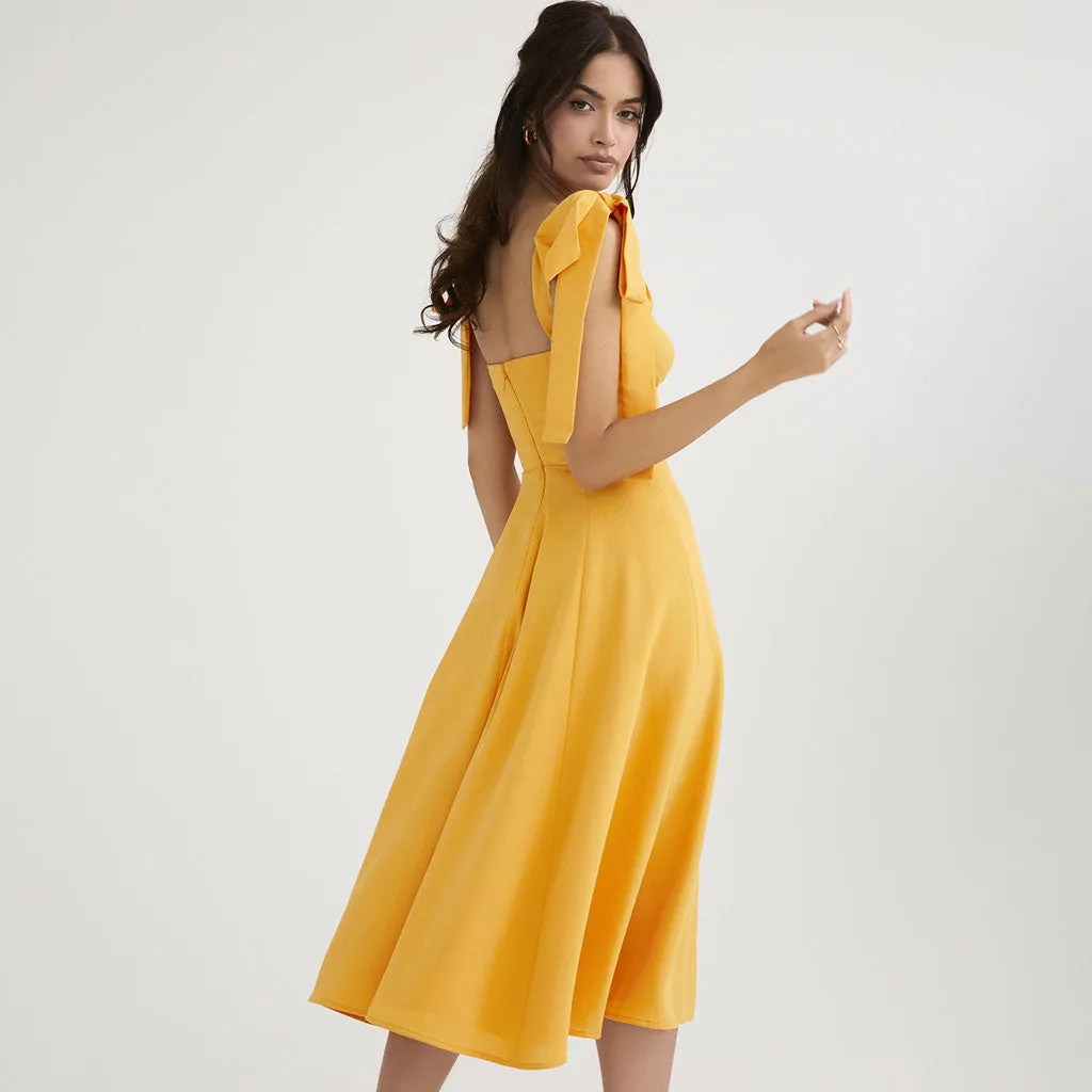 Vintage Bow Tie Fit & Flare High Slit Midi Sundress - Yellow
