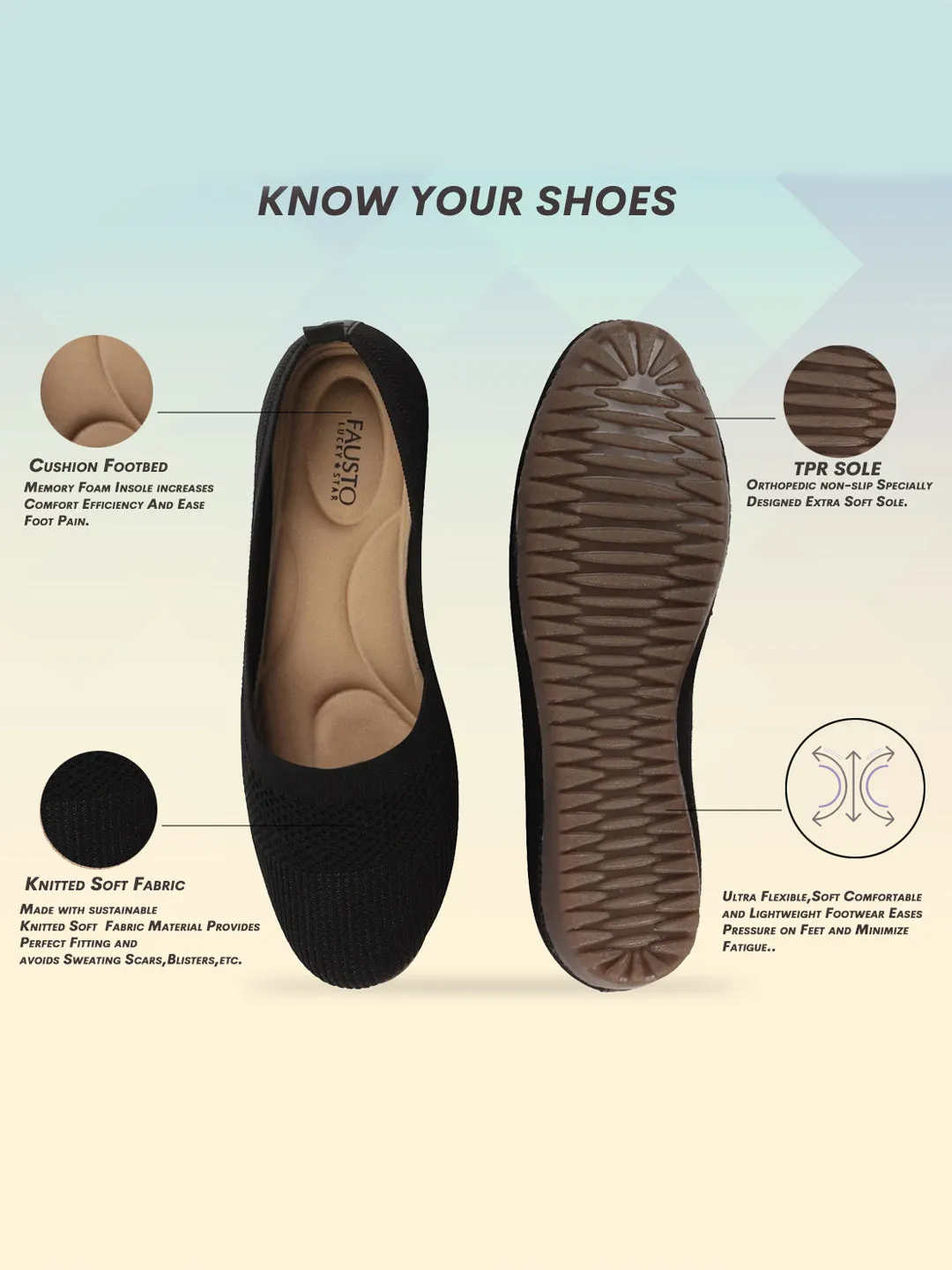 Women Black Athleisure Active Wear Knitted Soft Fabric Slip On Flat Ballerina Shoes For Walking