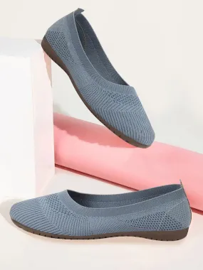 Women Sky Blue Athleisure Active Wear Knitted Soft Fabric Slip On Flat Ballerina Shoes For Walking