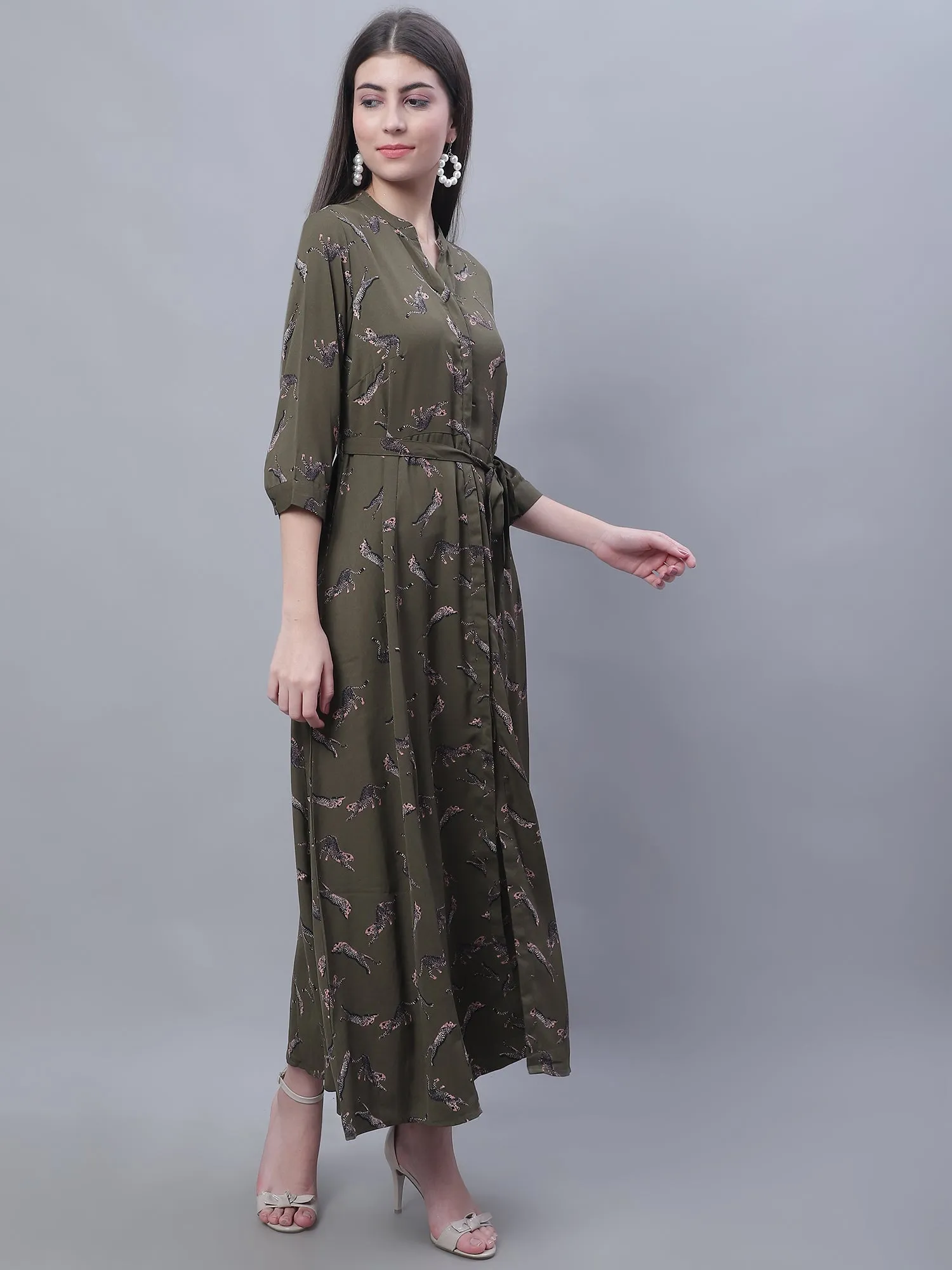 Women's Casual Mandarin collar Dull Green Animal Print Fit & Flared Dress