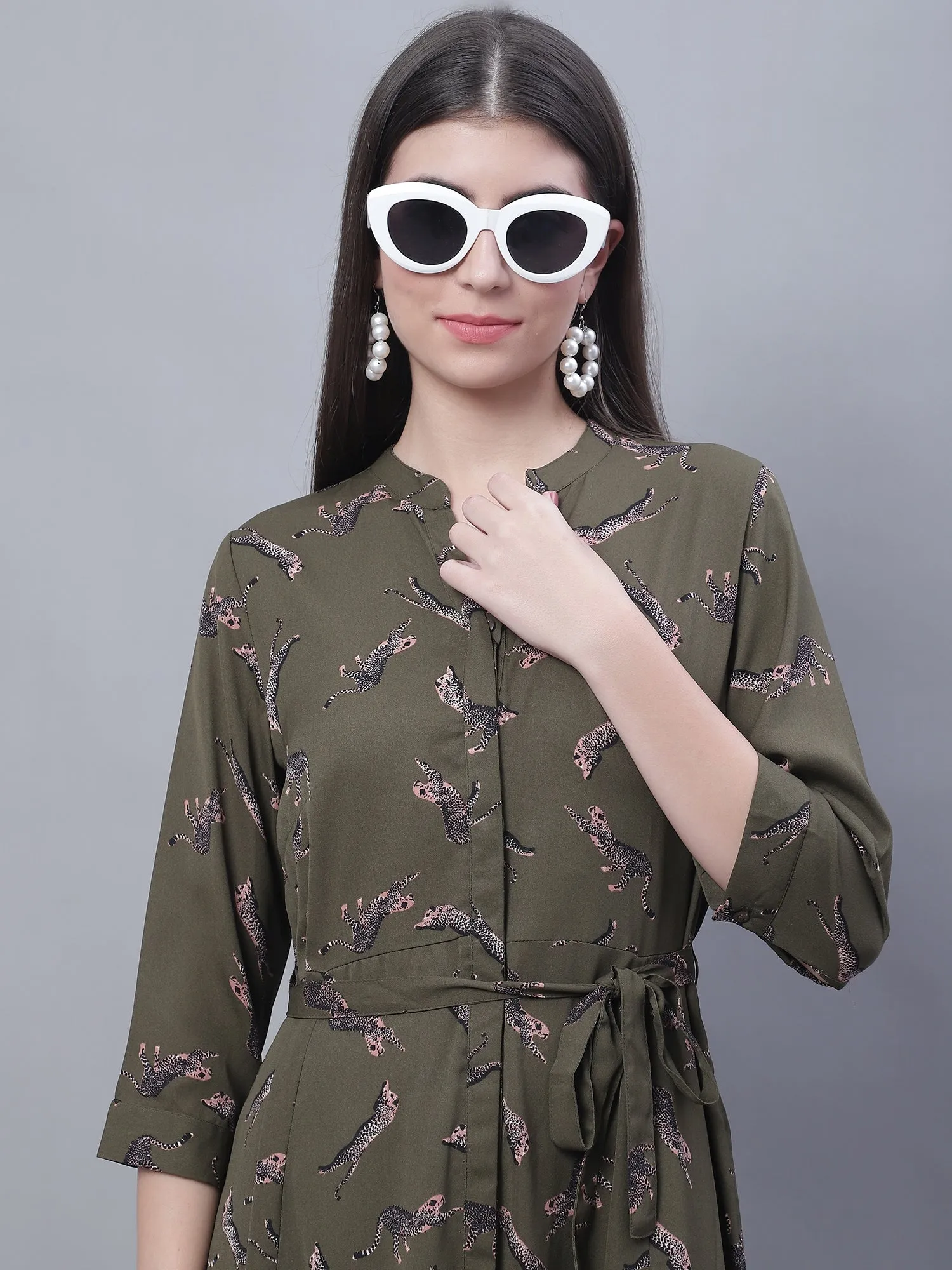 Women's Casual Mandarin collar Dull Green Animal Print Fit & Flared Dress