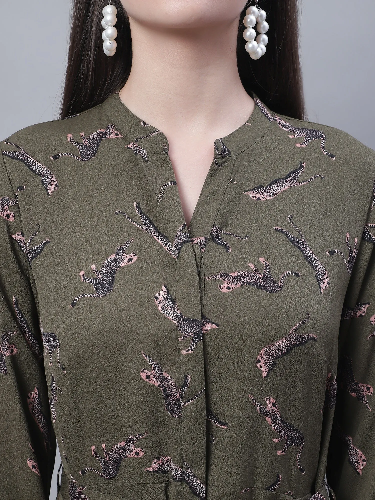 Women's Casual Mandarin collar Dull Green Animal Print Fit & Flared Dress