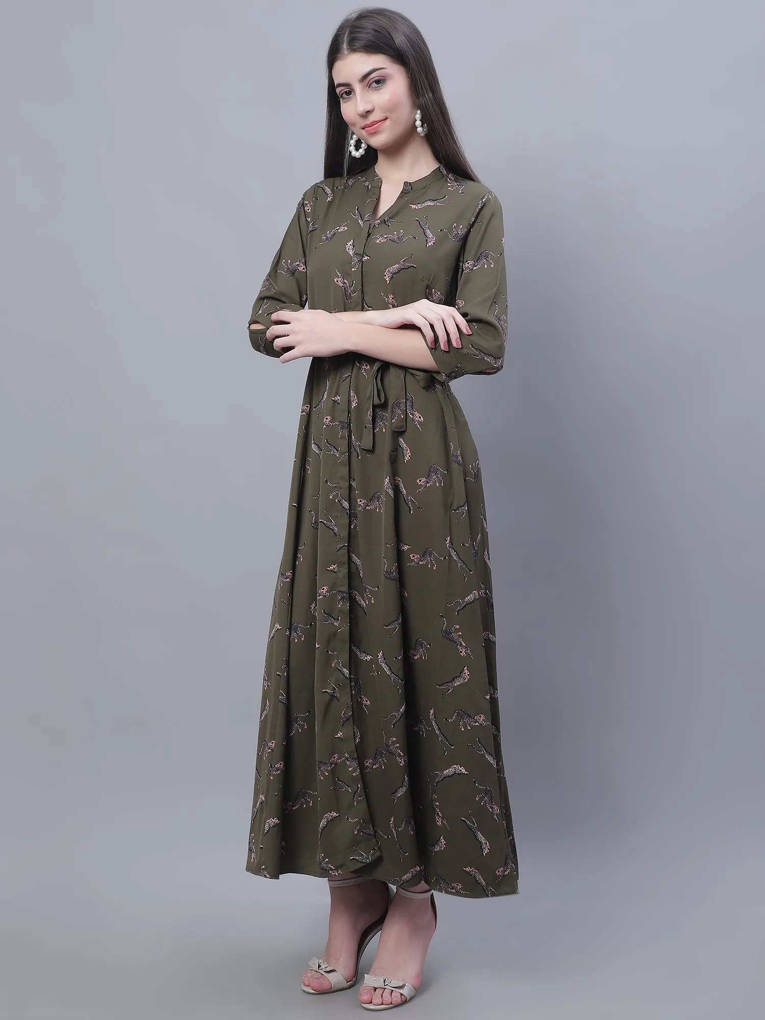 Women's Casual Mandarin collar Dull Green Animal Print Fit & Flared Dress